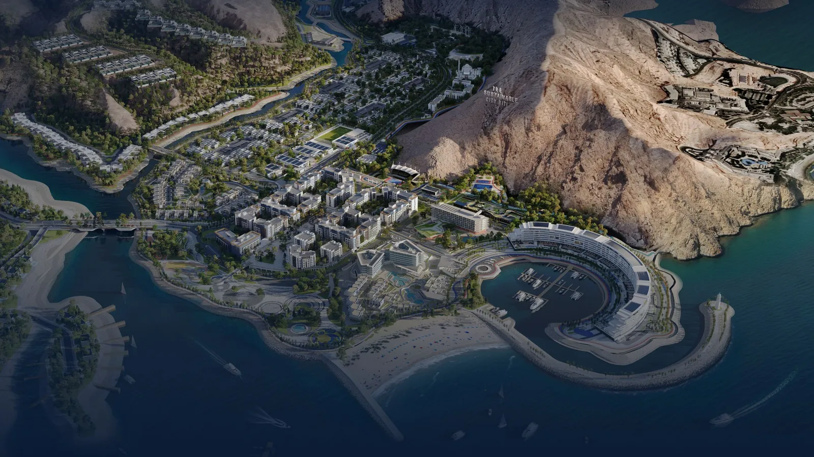 Aerial view of The Sustainable City – Yiti on the Muscat coastline