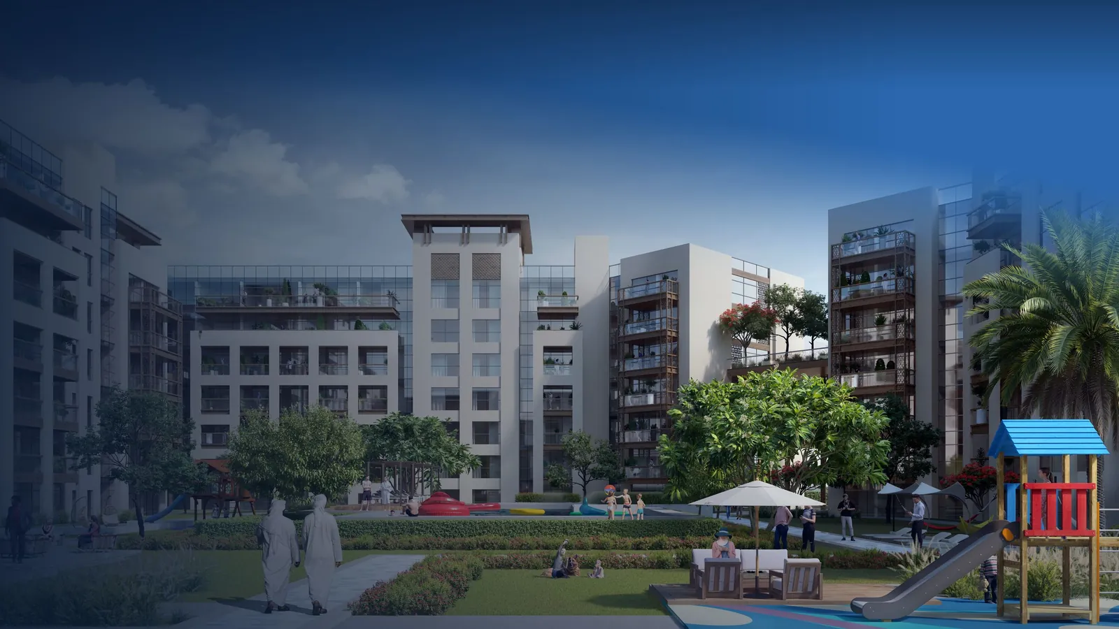 The Plaza residential blocks and gardens